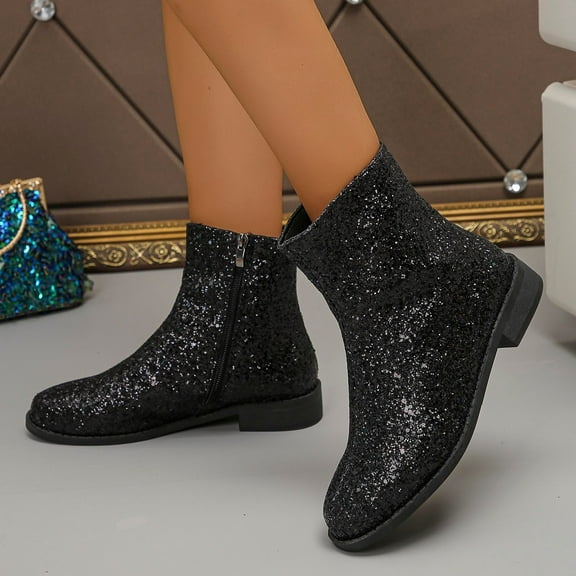 JUSLIO Winter Boots for Women Chunky Heel Boots Round Toe Ankle Boots Low Heels Solid Color Zipper Womens Boots