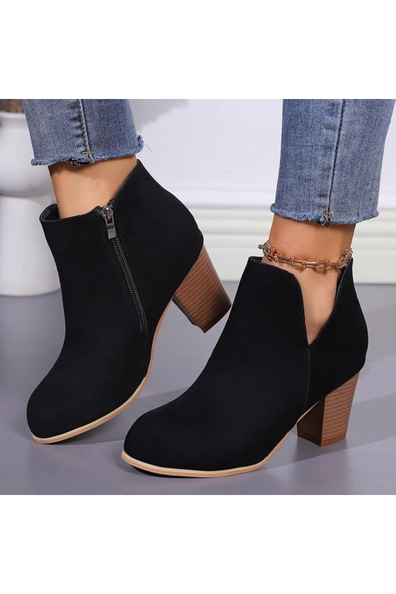 Winter Boots for Women Chunky Heel Boots Round Toe Ankle Boots Solid Color Fashion Casual Slip On Zipper Plus Size Boots