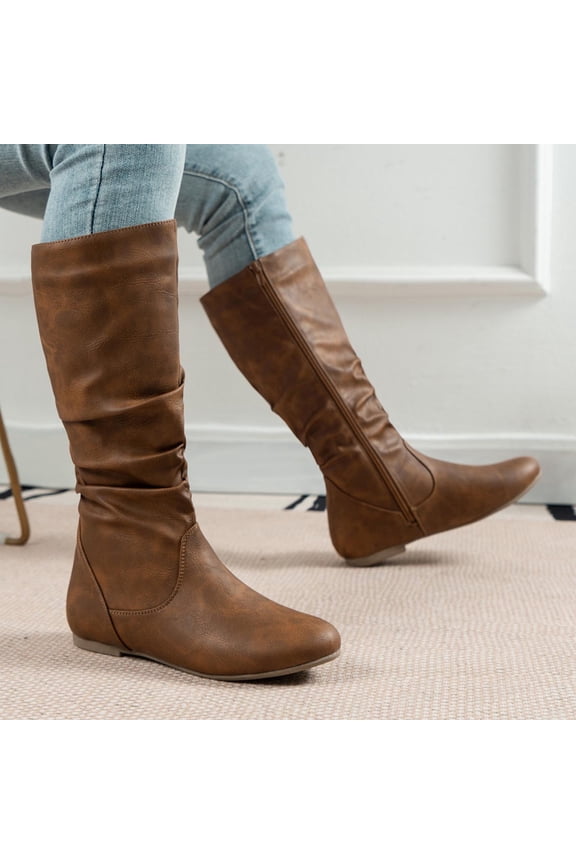 JUSLIO Winter Boots for Women Chunky Heel Boots Round Toe Mid Calf Boots Low Heels Ruched Zipper Womens Boots