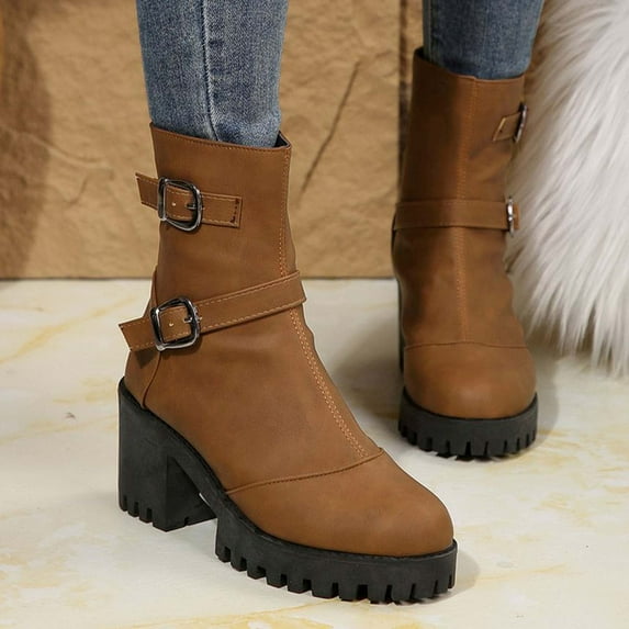 JUSLIO Winter Boots for Women Chunky Heel Boots Round Toe Mid Calf Boots Solid Color Fashion Casual Slip On Zipper Womens Boots