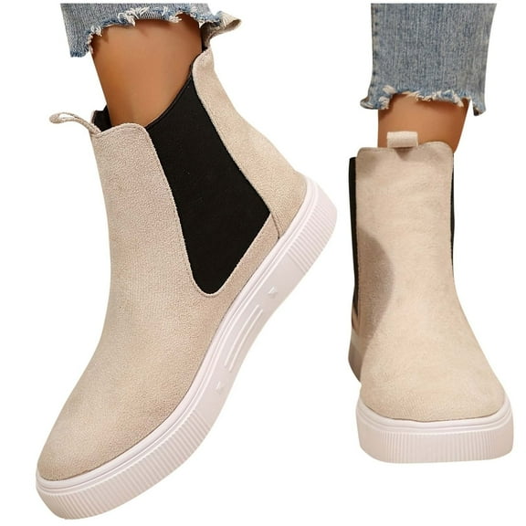 JUSLIO Winter Boots for Women Chunky Heel Boots Solid Color Mid Calf Boots Fashion Casual Slip On Comfort Lightweight Boots Womens Boots