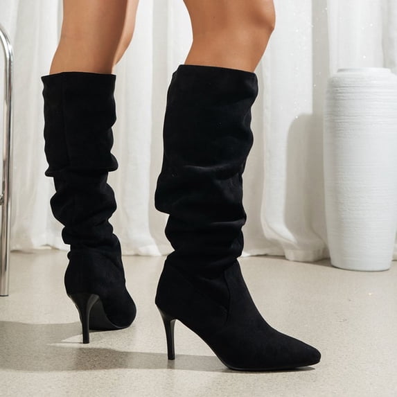 JUSLIO Winter Boots for Women,High Heel Solid Color Mid Calf Boots Fashion Casual Comfort Lightweight Boots Plus Size Boots