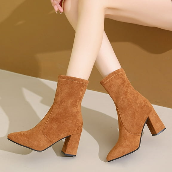 JUSLIO Winter Boots for Women High Heel Solid Color Mid Calf Boots Fashion Casual Slip On Comfort Lightweight Boots Womens Boots