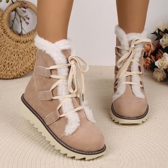 JUSLIO Winter Boots for Women,Lace Up Round Toe Mid Calf Boots Solid Color Fashion Casual Slip on Snow Boots for Women,Womens Boots,