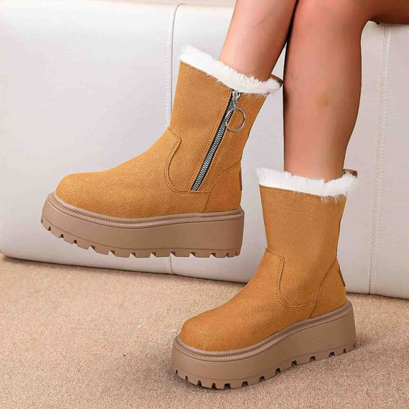 JUSLIO Winter Boots for Women Mid Calf Boots Solid Color Womens Snow Boots Fashion Casual Slip On Comfort Low Heels Womens Boots