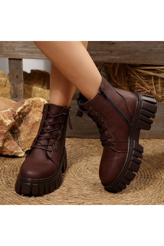 Winter Boots for Women Platform Boots Mid Calf Boots Wedge Zipper Solid Color Lace Up Womens Boots