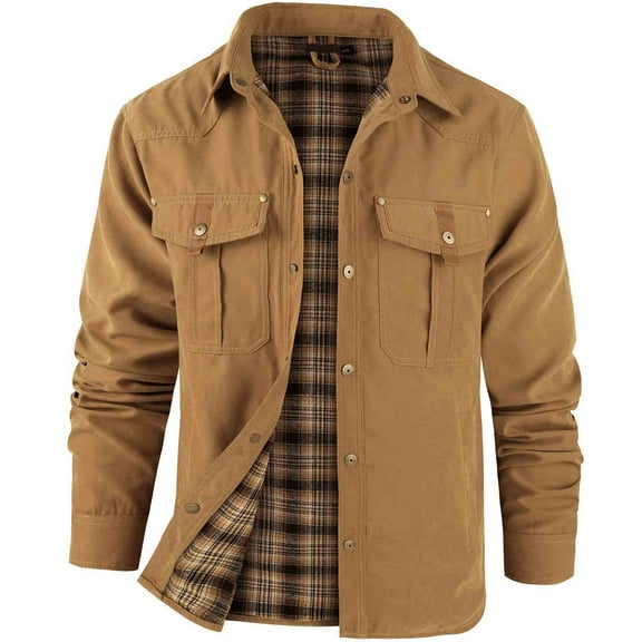 JUSLIO Winter Coats for Men Button Opening and Closing Coat Lapel Plaid Long Sleeve Carry Pockets Jacket Yellow 2XL