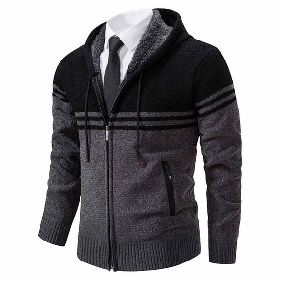 JUSLIO Winter Coats for Men Casual Fashion Zipper Cardigans Hooded Hood Pocket Elasticity Sweater Base Layer Knit Long Sleeve Sweater Coat Gray M