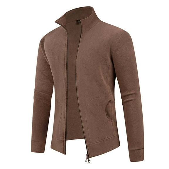 JUSLIO Winter Coats for Men Casual Pockets Long Sleeve Zipper Coat Standing Collar Casual Jackets Fleece Coats Brown L
