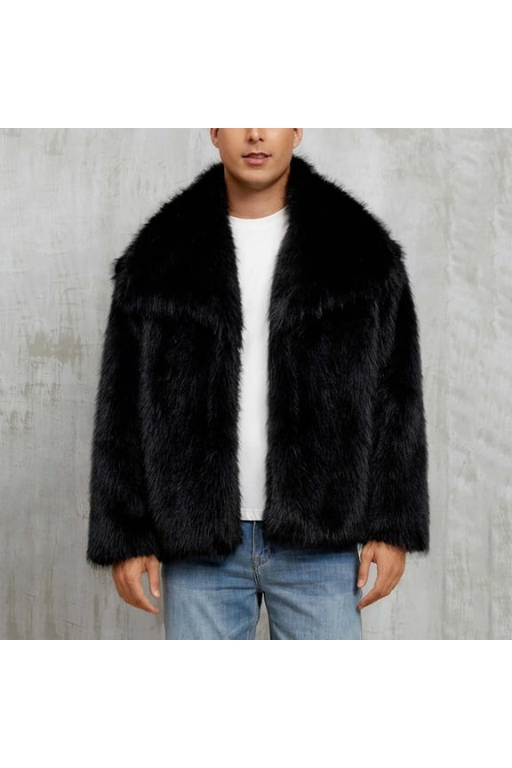 Winter Coats for Men Warm Faux Furry Coat Jacket Turn Down Collar Outerwear Black L