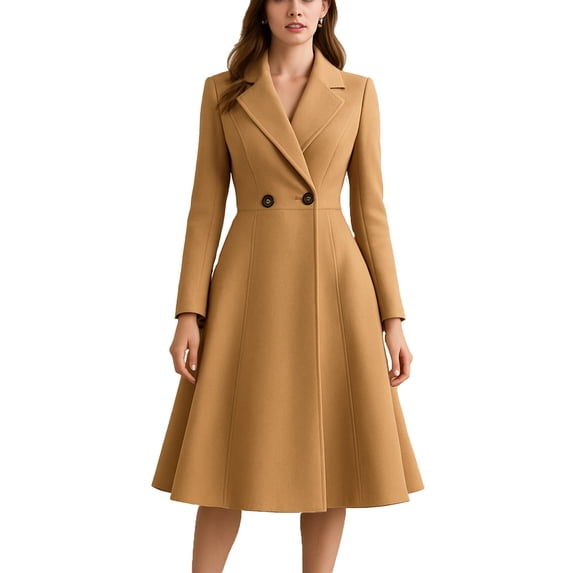 JUSLIO Winter Coats for Women Double Breasted Buttoned A-Line Pleated Wool Coat Yellow L