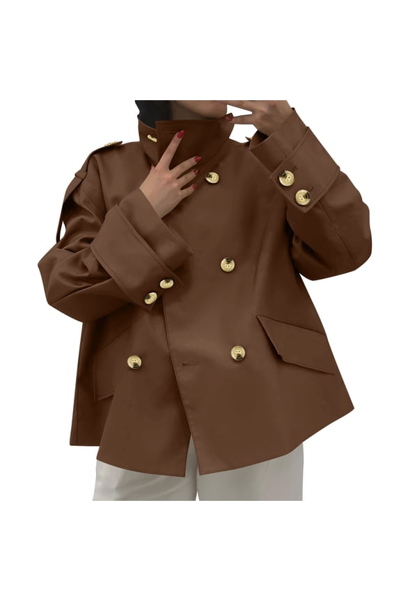 Winter Coats for Women Short Trench Coat Oversized Double Breasted Stand Collar Cropped Jacket Fall Casual Work Outerwear Brown S