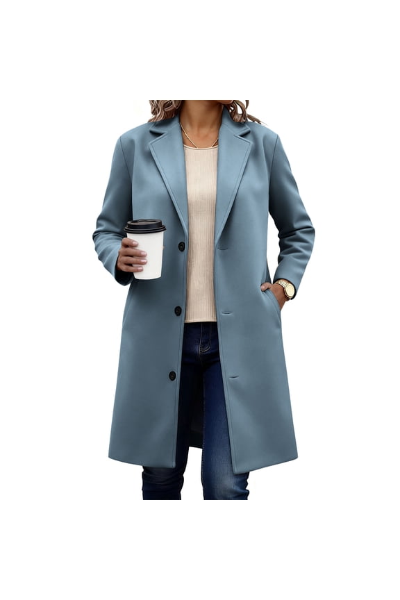 Winter Coats for Women Solid Casual Thicken Wool Stand Collar Inner Lining Pocket Breasted Pea Mao Coat Blue 2XL