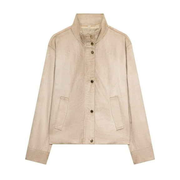 JUSLIO Winter Coats for Women Stand Collar Button Pocket Suede Leather Jacket Coat Beige S