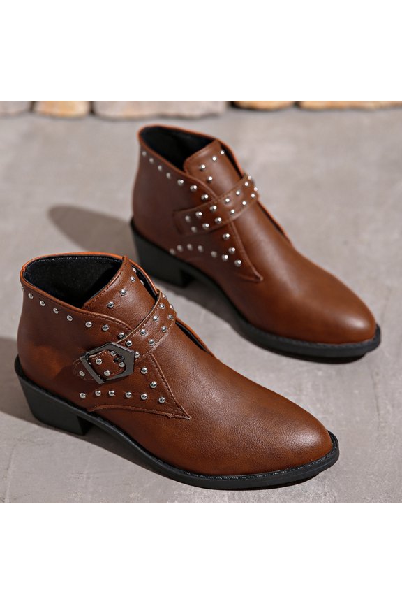 Women Boots,Flat Round Toe Ankle Daily Boots,Slip on Office Commute Stable Heel Solid Color Stylish Boots