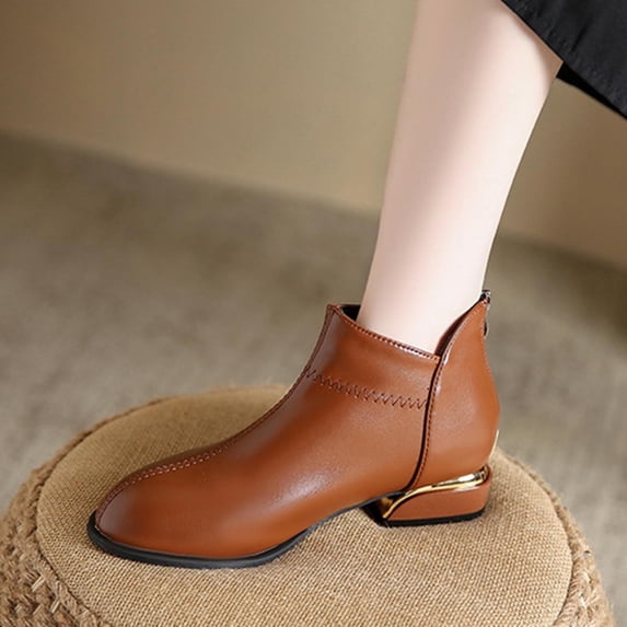 JUSLIO Women Boots,Plus Size Pointed Toe Low Heel Chunky Ankle Zipper Boots,Side Zipper Slip on Night Travel Thermal Fleece Lining Solid Color Fashion Boots