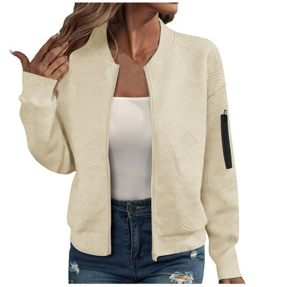 JUSLIO Women Jacquard Zipper Cardigans Tops Long Sleeve with Pockets Fashion Outerwear Beige L