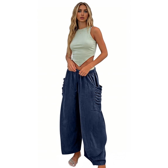 JUSLIO Women Pants Linen Pleated Loose Casual Drawstring Stretchy with Pockets Straight Pants