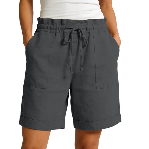 JUSLIO Women Shorts,Lightweight with Pockets High Waist Mid-Length Shorts,Faux Linen Plus Size,Dark Gray,Size XXXL
