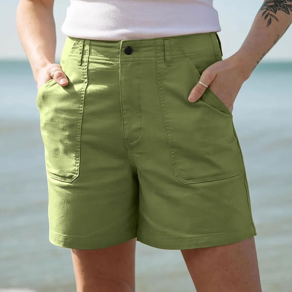 JUSLIO Women Shorts,Lightweight with Pockets High Waist Mid-Length Shorts,Twill Plus Size,Green,Size XXXL