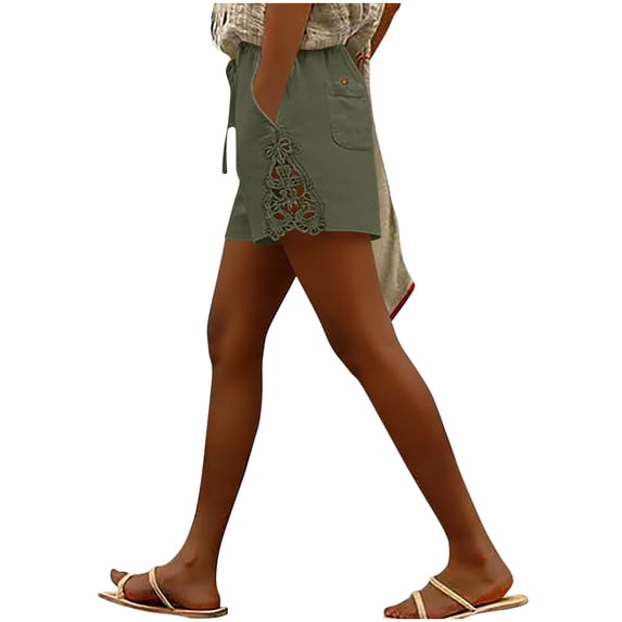 JUSLIO Women Shorts,with Pockets Drawstring Waist Mid-Length Shorts,Faux Linen Patchwork Lightweight,Army Green,Size L