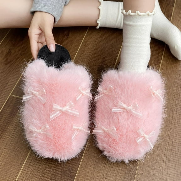 JUSLIO Women Slippers Fuzzy Slippers House Shoes Bow Slip On Winter Warm Soft Sole Slippers