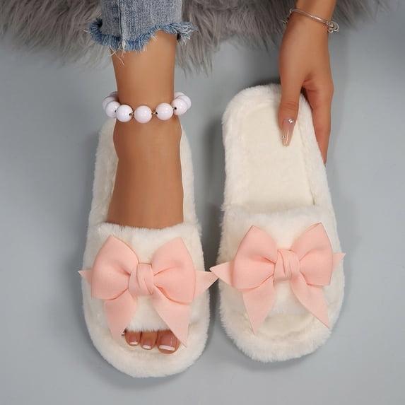 JUSLIO Women Slippers Fuzzy Slippers Soft Sole Bow House Shoes Slip On Winter Warm Slippers