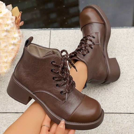JUSLIO Women's Boots,Solid Color Round Toe Fashion Lace Up Winter Fall Casual Dress Boots Martin Boots Mid Heel Boots