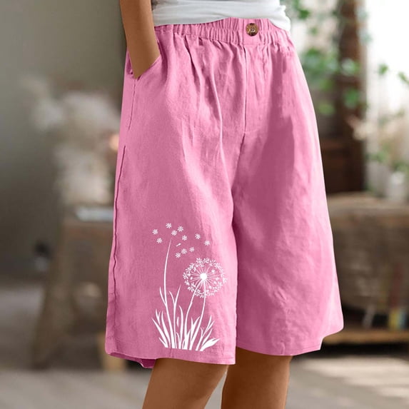JUSLIO Women's Shorts,High Waist 5" Mid-Length Shorts,Faux Linen Plus Size Lightweight with Pockets,Pink,Size XXL