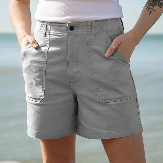 JUSLIO Women's Shorts,High Waist Mid-Length Shorts,Twill Lightweight with Pockets,Gray,Size M