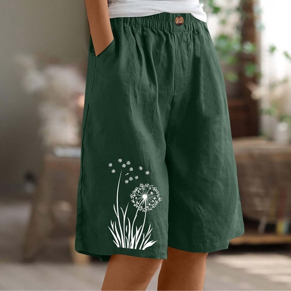 JUSLIO Women's Shorts,with Pockets High Waist 5" Mid-Length Shorts,Faux Linen Graphic Shorts,Lightweight,Mint Green,Size L