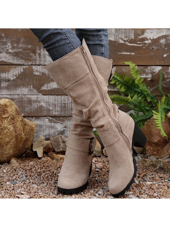 Womens Boots,Chunky Heel Boots Comfort Mid Calf Boots Solid Color Fashion Casual Zipper Lightweight Boots