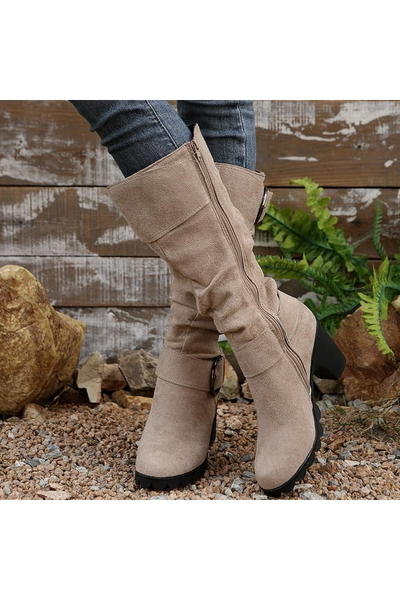 Womens Boots Chunky Heel Boots Comfort Mid Calf Boots Solid Color Fashion Casual Zipper Slip on Lightweight Boots Boots for Women