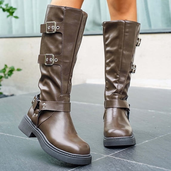 JUSLIO Womens Boots,Chunky Heel Boots Comfort Mid Calf Boots Solid Color Fashion Casual Square Toe Plus Size Boots