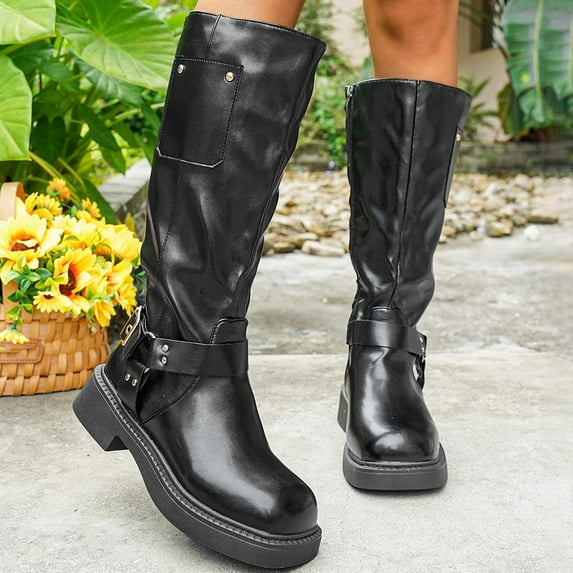 JUSLIO Womens Boots Chunky Heel Boots Comfort Platform Solid Color Fashion Casual Slip On Mid Calf Boots Boots for Women