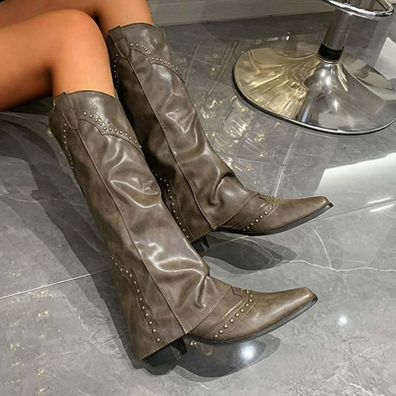 JUSLIO Womens Boots Chunky Heel Boots Cowgirl Boots Platform Western Comfort Mid Calf Boots Plus Size Boots