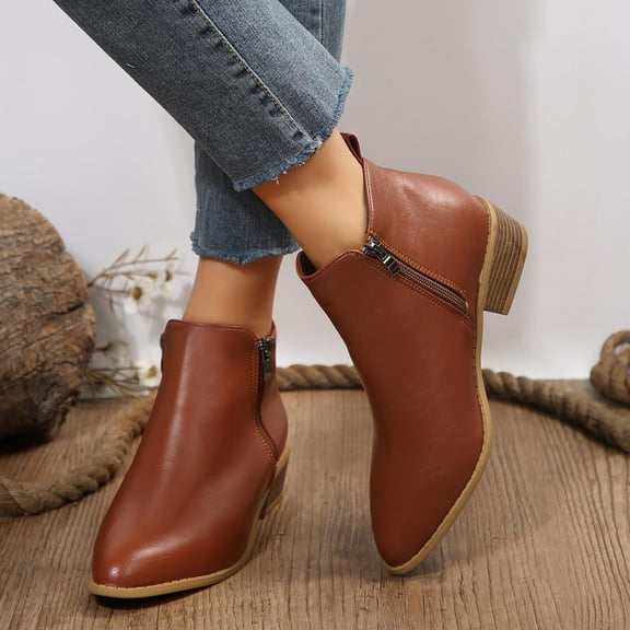 JUSLIO Womens Boots Chunky Heel Boots Pointed Toe Ankle Boots Low Heels Comfort Zipper Boots for Women