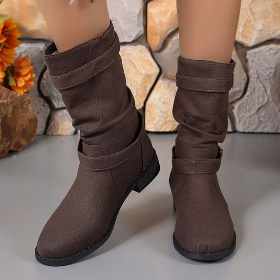 JUSLIO Womens Boots Chunky Heel Boots Round Toe Mid Calf Boots Comfort Solid Color Cowboy Boots Boots for Women