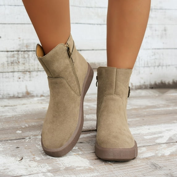 JUSLIO Womens Boots Flat Boots Round Toe Ankle Boots Comfort Solid Color Zipper Boots for Women