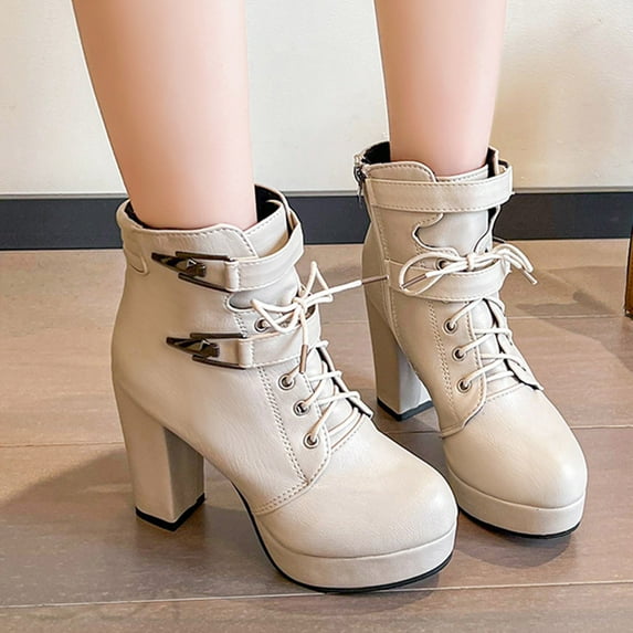 JUSLIO Womens Boots High Heel Comfort Ankle Boots Solid Color Fashion Casual Slip On Round Toe Plus Size Boots