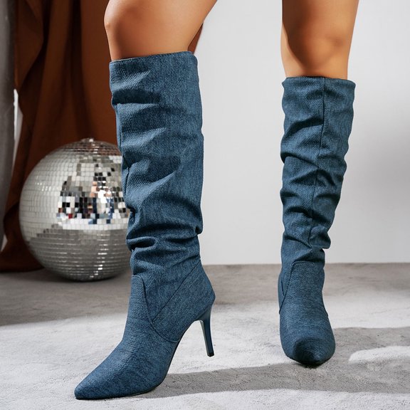 JUSLIO Womens Boots,High Heel Comfort Mid Calf Boots Solid Color Fashion Casual Lightweight Boots Plus Size Boots