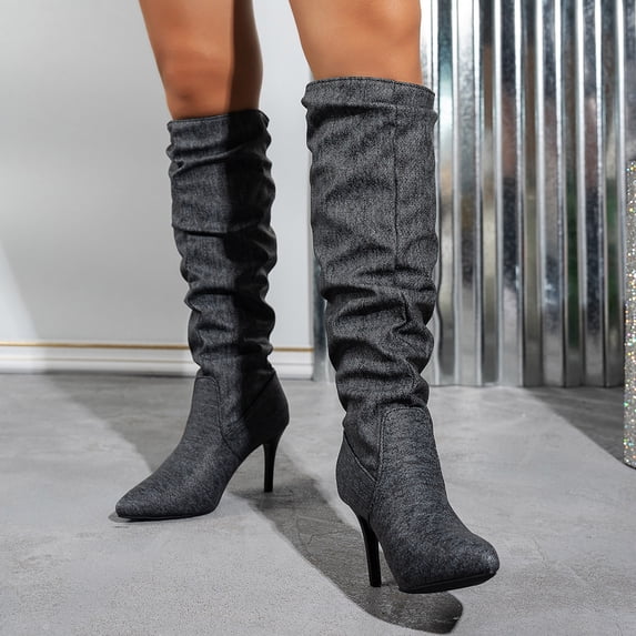 JUSLIO Womens Boots High Heel Comfort Mid Calf Boots Solid Color Fashion Casual Slip On Lightweight Boots Plus Size Boots