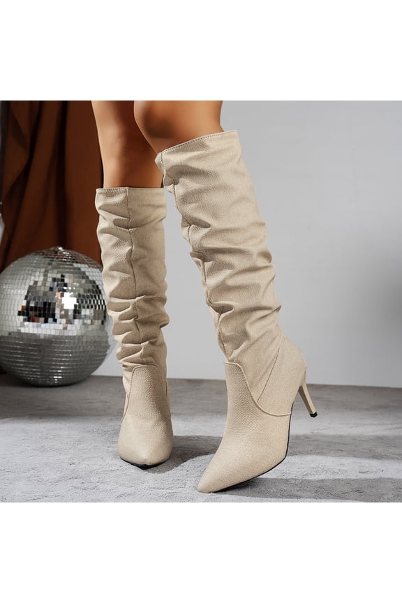 Womens Boots High Heel Comfort Mid Calf Boots Solid Color Fashion Casual Slip On Lightweight Boots Plus Size Boots