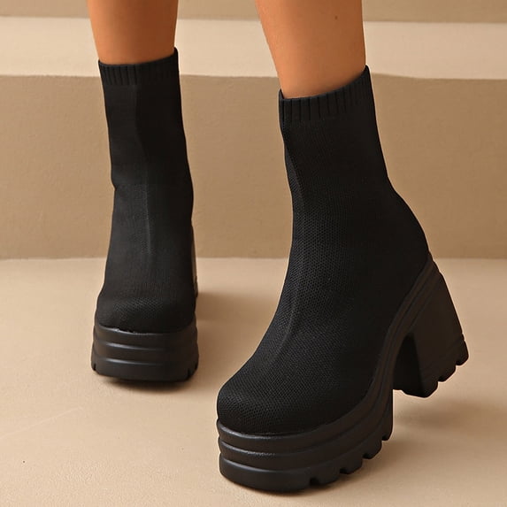 JUSLIO Womens Boots,High Heel Round Toe Platform Comfort Solid Color Mid Calf Boots