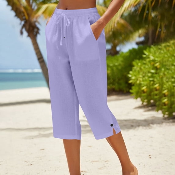 JUSLIO Womens Capris Button with Pockets, Loose Casual Linen Slim Straight Capris