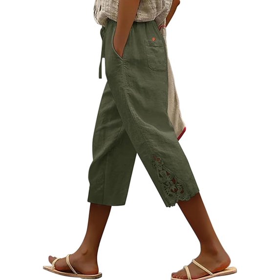 JUSLIO Womens Capris Drawstring High Waist, with Pockets Lace Everyday Casual Linen Capris