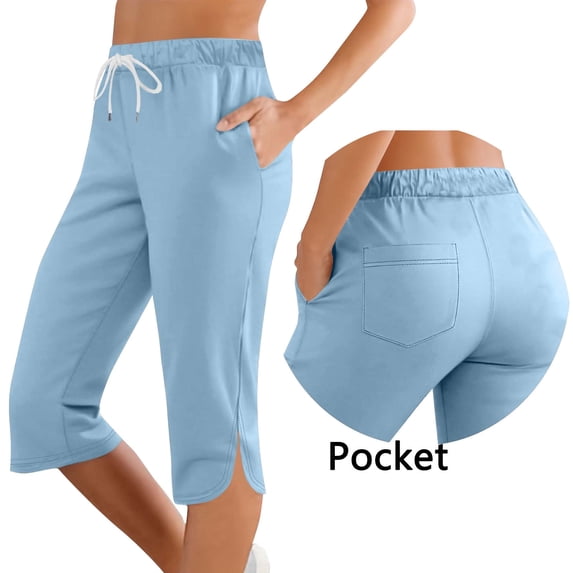 JUSLIO Womens Capris Drawstring with Pockets, Elastic Waist Casual Workout Split Hem Capri Pants