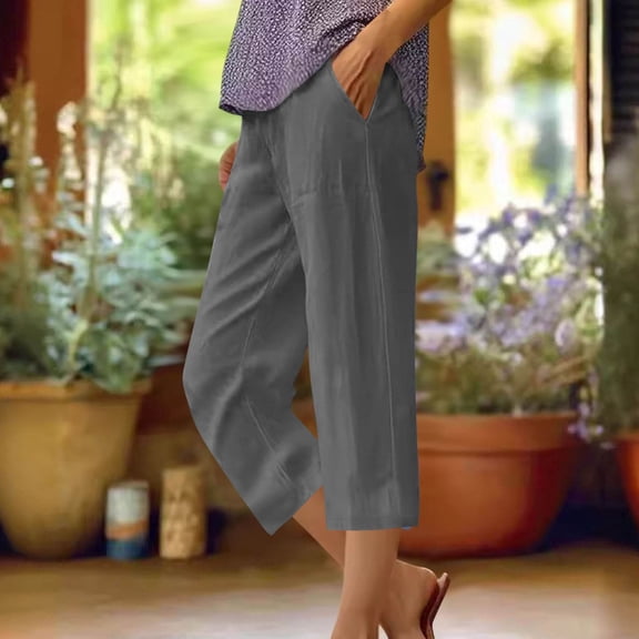 JUSLIO Womens Capris Elastic Waist Plus, Size with Pockets Everyday Casual Linen Capris