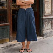 JUSLIO Womens Capris Linen Loose Solid, High Waist with Pockets Casual Everyday Wide-Leg Capris