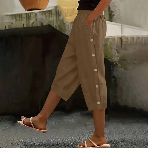 JUSLIO Womens Capris Linen with Pockets, Elastic Waist Casual Everyday Side Button Capris